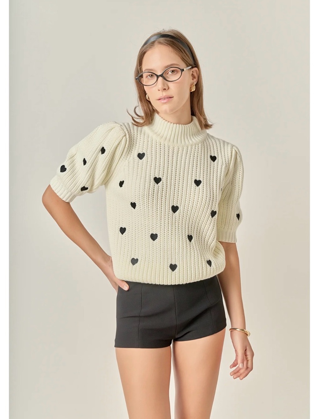 English Factory Ivory Knit Sweater with Black Heart Details